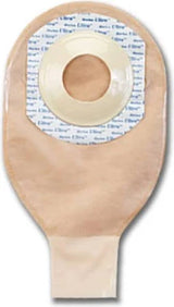 Single beige ostomy pouch with adhesive barrier for medical stoma care