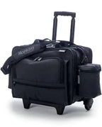 Black rolling medical supply bag with multiple compartments and shoulder strap