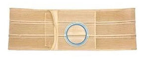 Beige ostomy belt with blue circular opening, medical support garment for stoma care