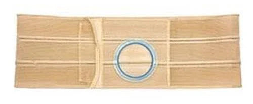 Beige ostomy belt with blue circular opening, medical support garment for stoma care