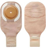 Two beige ostomy pouches with adhesive barrier for medical supply and stoma care.