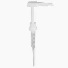 White plastic liquid dispenser pump for medical supply bottles on white background