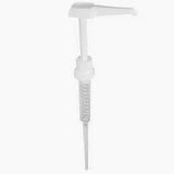 White plastic liquid dispenser pump for medical supply bottles on white background