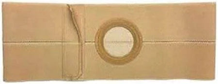 Beige hernia support belt with circular opening for ostomy bag, medical supply product