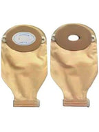 Two beige ostomy pouches with adhesive barrier for medical supply home delivery