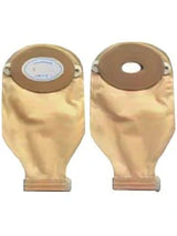 Two beige ostomy pouches with adhesive barrier for medical supply home delivery