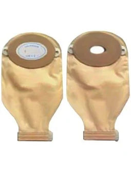 Two beige ostomy pouches with adhesive barrier for medical supply home delivery