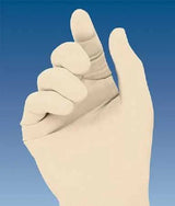 Close-up of a hand wearing a disposable medical latex glove against a blue background