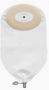 White medical ostomy bag with adhesive barrier for home healthcare supplies