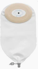 White medical ostomy bag with adhesive barrier for home healthcare supplies