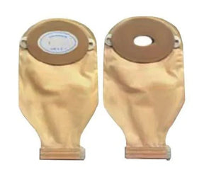 Two beige ostomy bags for medical use, shown front and back on white background.