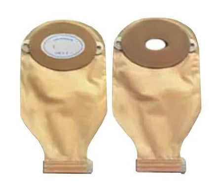 Two beige ostomy bags for medical use, shown front and back on white background.