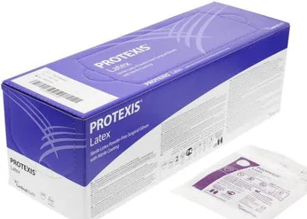 Purple box of Protexis latex medical gloves and a single sterile glove packet on a white surface
