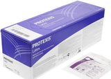 Purple box of Protexis latex medical gloves and a single sterile glove packet on a white surface