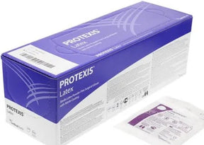 Purple box of Protexis latex medical gloves and a single sterile glove packet on a white surface