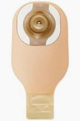 Beige medical ostomy pouch with adhesive barrier and drainable closure