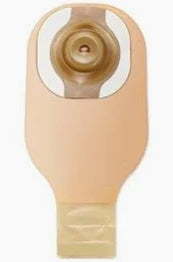 Beige medical ostomy pouch with adhesive barrier and drainable closure