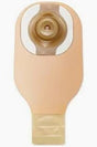 Beige medical ostomy pouch with adhesive barrier and drainable closure