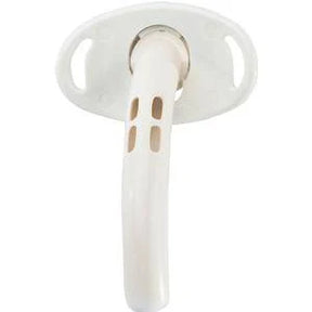 Medical tracheostomy tube with white flange, shown on plain background for respiratory care
