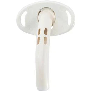 Medical tracheostomy tube with white flange, shown on plain background for respiratory care