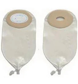 Two ostomy bags with adhesive flanges for medical stoma care, shown on a white background.