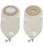 Two ostomy bags with adhesive flanges for medical stoma care, shown on a white background.
