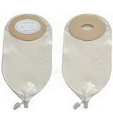 Two ostomy bags with adhesive flanges for medical stoma care, shown on a white background.