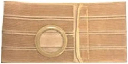 Beige ostomy support belt with circular stoma opening for medical use