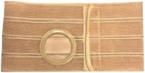 Beige ostomy support belt with circular stoma opening for medical use