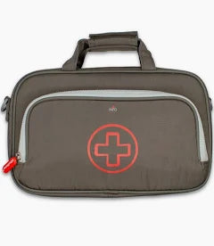 Gray medical supply bag with red cross symbol and carrying handle on white background