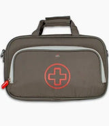 Gray medical supply bag with red cross symbol and carrying handle on white background