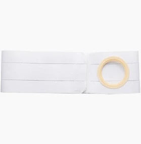 White ostomy belt with circular stoma opening for medical support