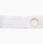 White ostomy belt with circular stoma opening for medical support