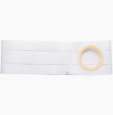 White ostomy belt with circular stoma opening for medical support