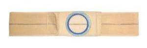Beige ostomy belt with blue circular opening for medical stoma support