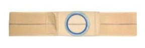 Beige ostomy belt with blue circular opening for medical stoma support