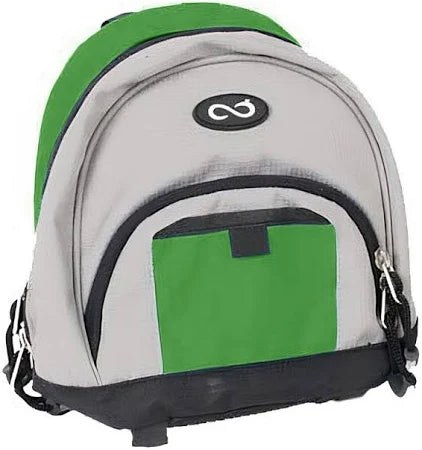 Gray and green backpack with front pocket, designed for carrying medical supplies