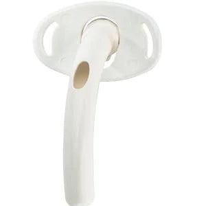 Disposable tracheostomy tube with neck flange on white background, medical supply
