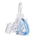Clear plastic CPAP nasal mask with blue cushion for sleep apnea therapy