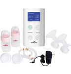Electric breast pump set with bottles, flanges, tubes, and power adapter for home use