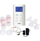 Electric breast pump set with bottles, flanges, tubes, and power adapter for home use