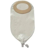 Ostomy pouch with beige flat wafer, drainable medical supply on white background