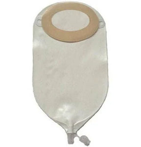 Ostomy pouch with beige flat wafer, drainable medical supply on white background
