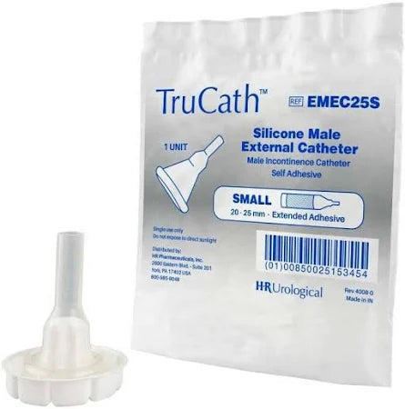 Silicone male external catheter with self-adhesive, small size, medical supply packaging.