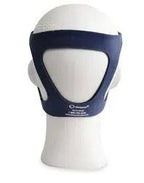 Head mannequin wearing a blue CPAP headgear for sleep apnea therapy, rear view