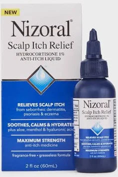 Nizoral Scalp Itch Relief anti-itch liquid bottle and box with hydrocortisone for scalp care