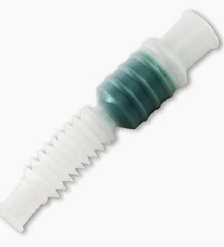 Close-up of medical tubing connector with ridged white body and blue center section