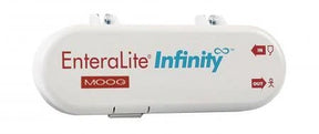 EnteraLite Infinity Moog feeding pump white medical device with labeled input and output