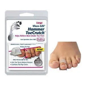 Visco-GEL Hammer ToeCrutch for toe pain relief, product package and toe model shown