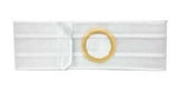 White ostomy belt with a round opening for medical support and ostomy care